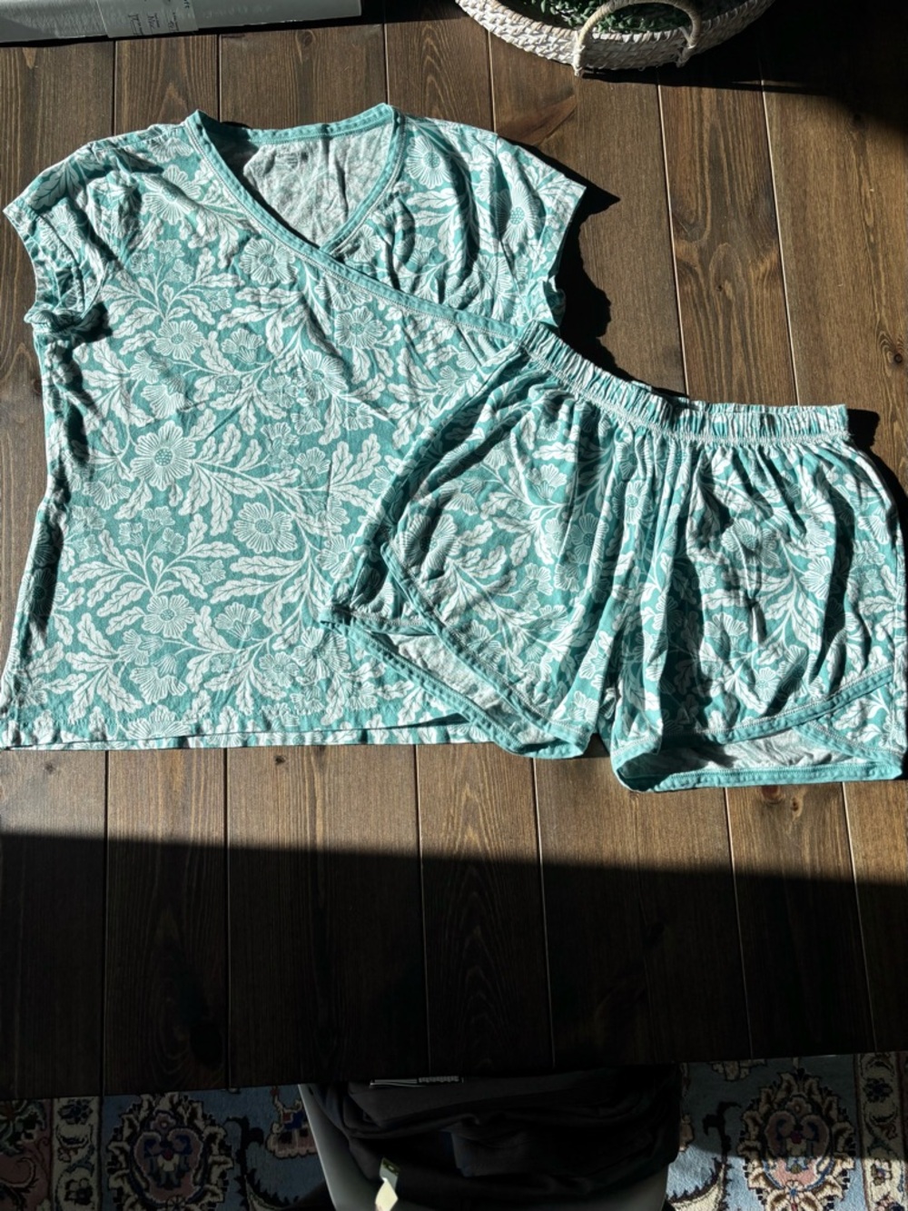 Garnet Hill Asian Wrap Organic Cotton Shorty Pajama Set Floral Aqua Size Small - Picture 5 of 15